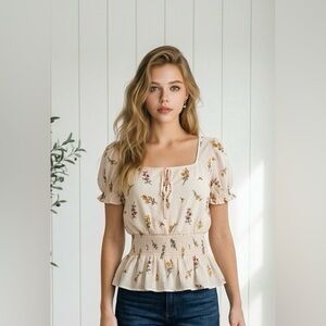 Women’s Floral Peplum Blouse – Puff Sleeve Tie Front Top Blush Pink
